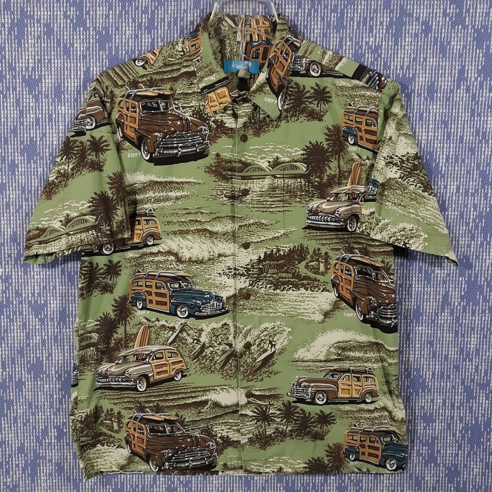 KAI Hawaiian Shirt Mens Large Tropical Cotton Made In Hawaii Green Graphic Print
